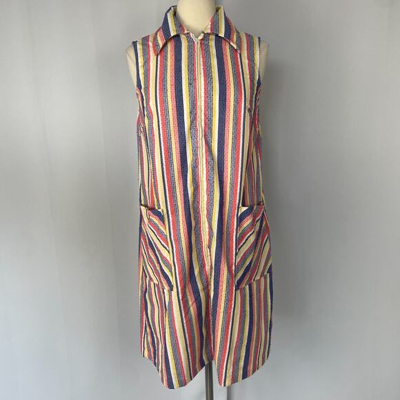 Vintage Smock Dress Size Large Red Blue Stripe Seersucker Zip Casual Retro 70s - Picture 2 of 16